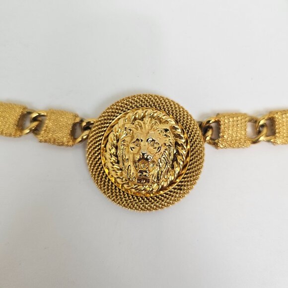 Anne Klein Vtg Lion Head Necklace Clip On Earring Set Gold Tone Statement Chunky - Picture 6 of 17